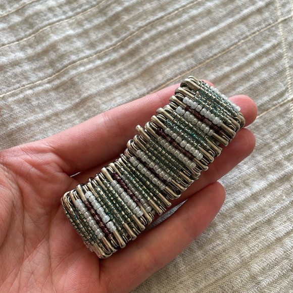 Boho Beaded Safety Pin Handcrafted Bracelet Stretch Unique Wide Jewelry Artsy - Picture 4 of 6